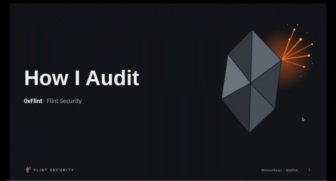 A dark presentation slide titled 'How I Audit' by '0xFlint' of 'Flint Security', featuring a geometric diamond-shaped logo with orange glowing lines radiating from its right edge.