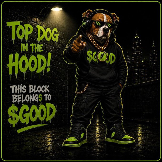 The image features a stylized cartoon bulldog wearing sunglasses, headphones, a gold chain, and a black "$GOOD" hoodie, pointing confidently in an urban alleyway setting. The neon green graffiti text reads "TOP DOG IN THE HOOD! THIS BLOCK BELONGS TO $GOOD," which directly complements the post's message of being the "undisputed Top Dog on the #RobinhoodChain" and asserting dominance on the leaderboard.
