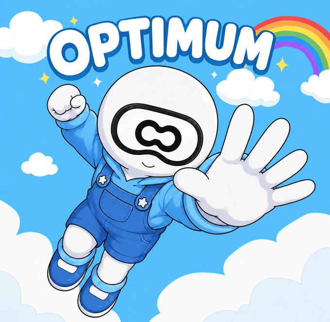 A cartoon-style illustration of a white, round-headed character in blue overalls floating joyfully through a bright blue sky with clouds, a rainbow, and sparkles, with the word 'OPTIMUM' displayed in large bubbly letters at the top.