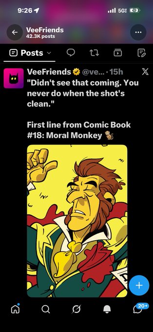 The image shows a VeeFriends social media post (42.3K posts) from 15 hours ago displaying a quote attributed to "Comic Book #18: Moral Monkey" with the text "Didn't see that coming. You never do when the shot's clean," alongside artwork of a monkey character in formal attire.