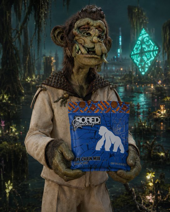 A creature wearing a tusked mask holds a blue bag labeled 'BORED BANANAS GRAPE CHAIN MIX' in a swampy, mystical landscape with a glowing teal diamond symbol in the background.