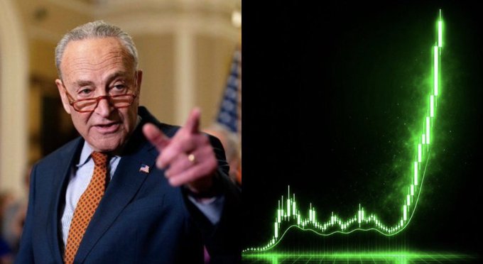 The image features Senate Majority Leader Chuck Schumer on the left, pointing forward, alongside a green cryptocurrency price chart on the right, visually representing the potential surge in crypto markets tied to the post's claim that the CLARITY Act could unlock over $30 trillion in institutional capital if 7-10 Democratic lawmakers support its passage.