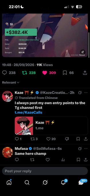 A mobile screenshot of a social media post showing a +$382.4K profit on token '$I' with PNL of +$382.4K (+737.70%), alongside comments from Kaze and Mufasa.