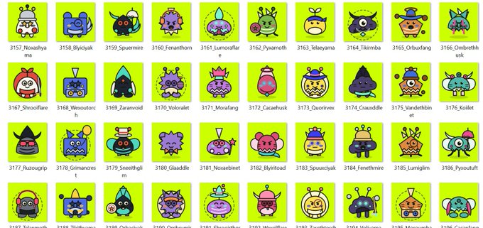 The image displays a grid of 32 colorful cartoon creature characters called OddPods, each numbered 3157–3196 with labels such as "Norashiya me," "Byckysuk," and "Spuemire." This visual aligns with the post announcing the collection of 3,499 unique OddPods launching on Robinhood Chain as a free mint.