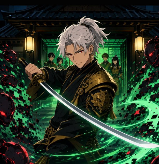 An anime-style illustration of a white-haired swordsman in black and gold armor wielding a katana, surrounded by green energy and red orbs, with other characters visible behind him.