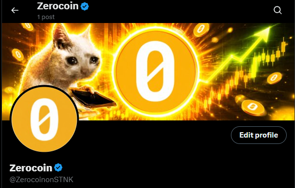 Twitter/X profile page for 'Zerocoin' (@ZerocoinonSTNK) with a verified checkmark, featuring a banner with a cat, a golden coin logo, and an upward green chart.