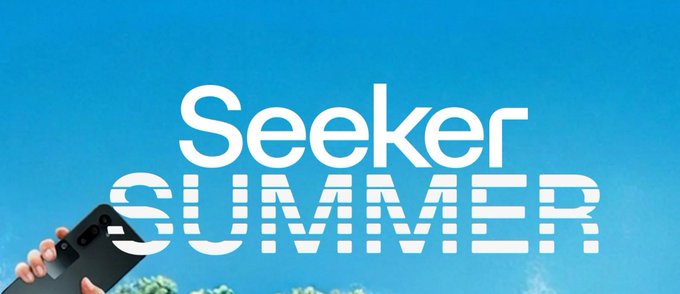The image displays a promotional banner with bold white text reading "Seeker Summer" against a bright blue sky background, while a hand holding a Solana mobile phone appears in the lower left corner. The graphic visually represents the Seeker Summer rewards campaign referenced in the post, highlighting Solana Mobile's $600k in SKR token rewards distributed across multiple allocation rounds.