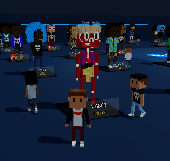 A screenshot from a virtual 3D world showing various blocky avatar characters in an "OpenSea+ Market" area, with one character labeled "#6863 800 ETH" in the foreground.