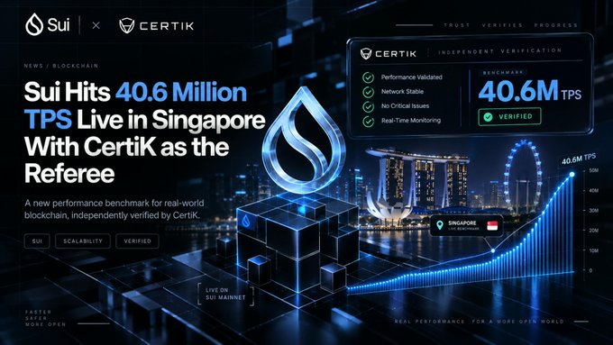 A promotional graphic showcasing Sui blockchain achieving a verified 40.6M TPS benchmark live in Singapore, with CertiK's independent verification dashboard displayed alongside the city's skyline and an upward performance graph.