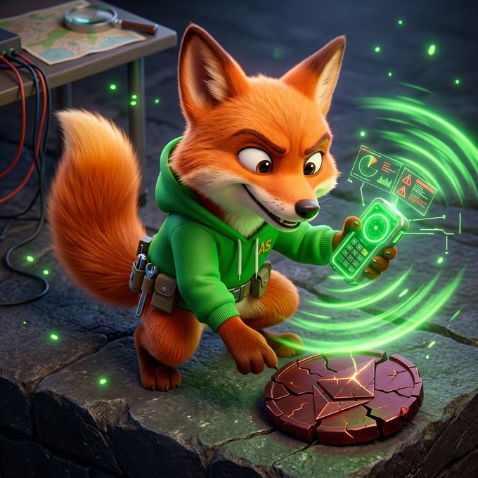 A 3D-rendered cartoon fox wearing a green hoodie, holding a glowing futuristic device while green energy swirls around it, with a cracked tile platform below.