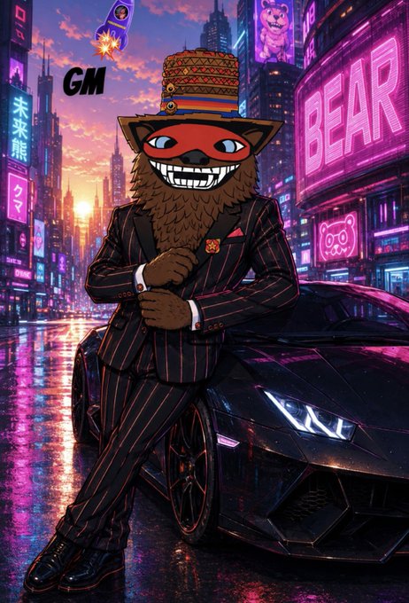 A colorful digital illustration of an anthropomorphic animal character with a red mask, wearing a pinstripe suit and a traditional patterned hat, standing next to a black Lamborghini on a neon-lit cyberpunk street with 'BEAR' signage and 'GM' text in the sky.