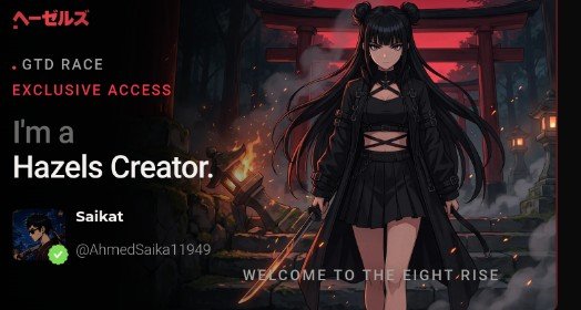 A dark graphic featuring a black-haired anime girl holding a glowing sword in front of a red torii gate, with text reading 'ヘーゼルズ', '. GTD RACE', 'EXCLUSIVE ACCESS', 'I'm a Hazels Creator.', 'Saikat', '@AhmedSaika11949', and 'WELCOME TO THE EIGHT-RISE'.
