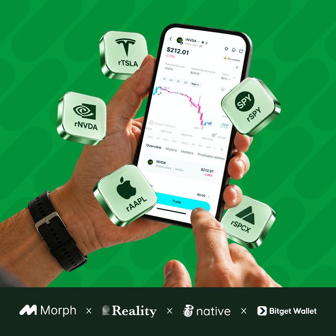A promotional graphic for a stock trading app showing a hand holding a smartphone displaying NVIDIA stock ($212.01), surrounded by floating icons for TSLA, NVDA, SPY, AAPL, and SPCX, with logos for Morph, Reality, Native, and Bitget Wallet at the bottom.