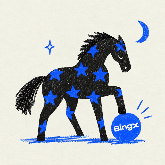 A midnight black horse adorned with blue stars stands beneath a crescent moon, with one hoof resting on a blue sphere labeled "BingX" — tying into the "midnight horse" theme through its celestial, nighttime aesthetic.