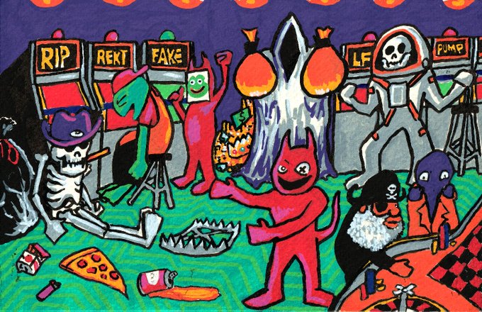 A colorful, cartoonish Halloween-themed illustration featuring skeletons, devils, and costumed figures around arcade machines labeled "RIP," "REKT," "FAKE," "LF," and "PUMP," fitting the post's auction announcement referencing "wallets & wounds" and a casino-style public auction with a 0.00069 (~$1.69) reserve.