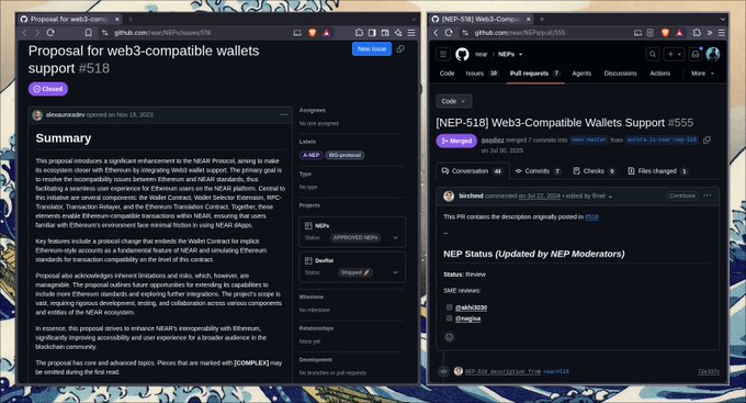 Two browser windows are displayed side-by-side, showing a GitHub proposal 'Proposal for web3-compatible wallets support #518' on the left and its corresponding issue 'Web3-Compatible Wallets Support #555' on the right.
