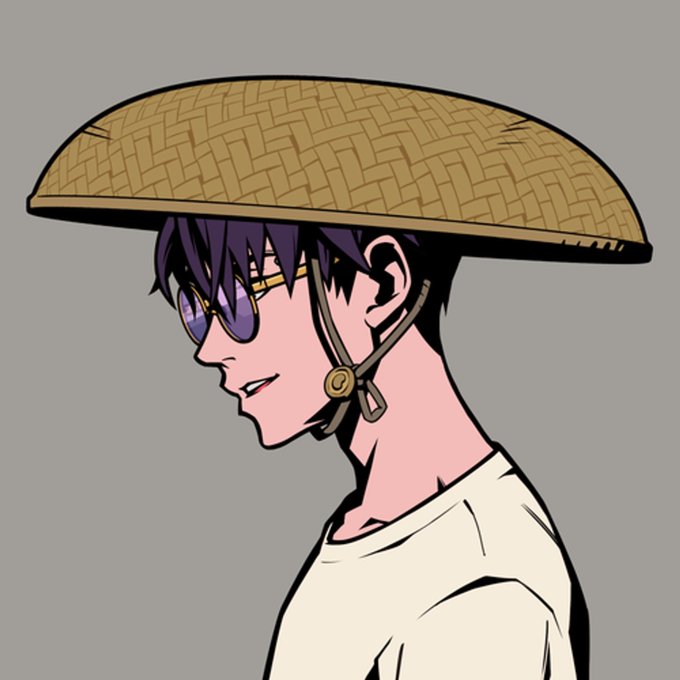 A digital illustration in profile of an anime-style character with purple hair and glasses, wearing a traditional woven conical hat and a white shirt against a solid gray background.
