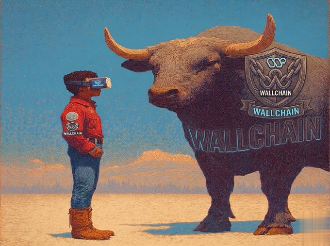 The image features an illustration of a man wearing virtual reality goggles standing next to a large bull statue. The man appears to be wearing cowboy boots while looking at the bull through his virtual reality headset. The caption above the image reads, "Every wallet tells a story but most blockchain data is too fragmented to read." This statement suggests that the visual content in the image might be related to the concept of virtual reality and its potential applications in various fields, including finance or marketing.