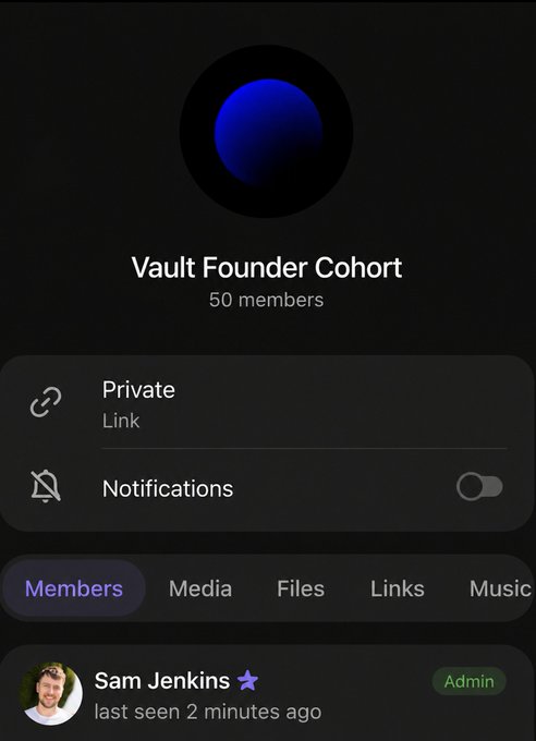 Screenshot of a group chat called "Vault Founder Cohort" with 50 members, marked as Private, showing tabs for Members, Media, Files, Links, and Music, with Sam Jenkins listed as Admin.