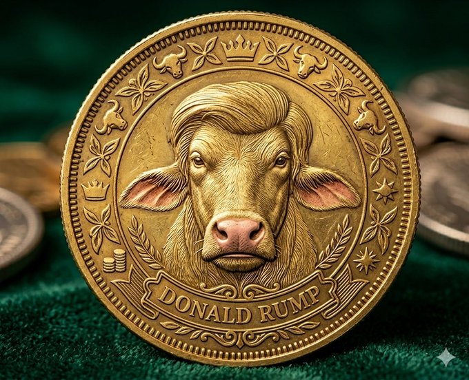urn of gold bull's head with a crown, surrounded by other coins on a green background.