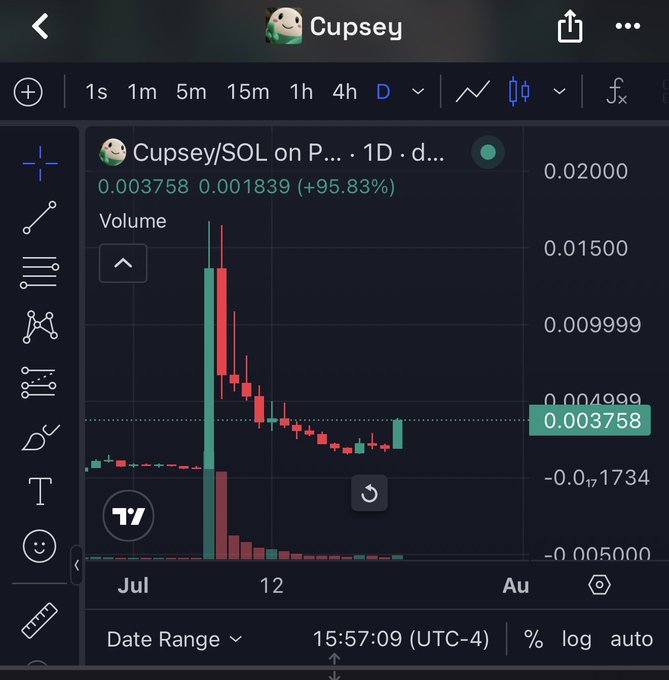 A TradingView chart of the "Cupsey/SOL" token shows a massive initial spike to ~0.015 followed by a sharp crash and gradual decline to 0.003758, down 95.83% from its peak—visual evidence supporting the poster's "Stay on that side when we win again" remark, a sarcastic jab at critics of the tanked token.