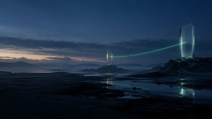 A cinematic landscape at dusk featuring two tall, illuminated monolithic structures connected by a glowing green light beam across a misty coastal terrain.
