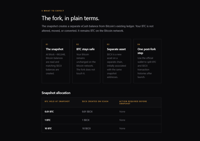The image displays an infographic titled "The fork, in plain terms," explaining that a snapshot at block 963,648 will create a separate eCash (XEC) balance while keeping BTC untouched, with a 1:1 allocation ratio (e.g., 1 BTC = 1 $ECX, 10 BTC = 10 $ECX) and no action required before the snapshot. This relates to the post's concern about the upcoming eCash fork, which—combined with smaller BTC holders returning to centralized exchanges (7.3k BTC deposited on Jul 31)—highlights the need for clarity around how forks affect holdings to prevent confusion and unnecessary exchange reliance.