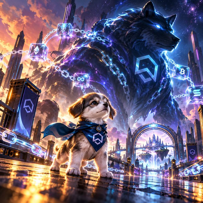 A digital illustration featuring a small puppy wearing a blue superhero cape in the foreground, with a giant glowing wolf composed of cosmic energy and cryptocurrency symbols in the background.