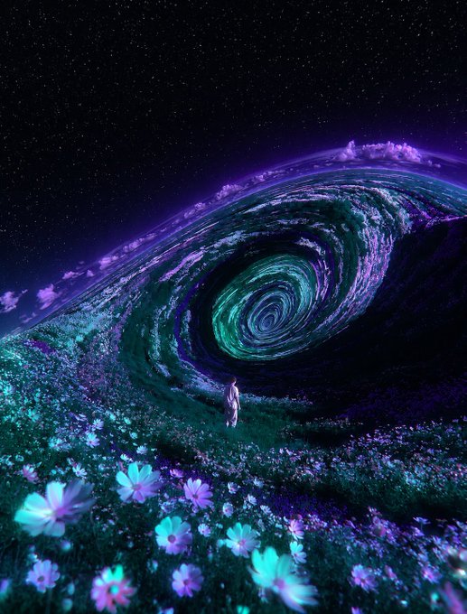 A surreal digital artwork depicting a small figure standing on a flower-covered hillside, looking out at a massive swirling cosmic vortex in the night sky.