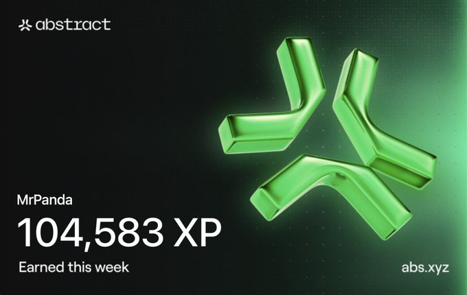 An Abstract platform card for user MrPanda showing 104,583 XP earned this week, with the green Abstract logo on a dark green background.
