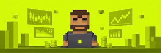 A pixel-art character stands centered against a green background featuring stock chart graphics and stacks of coins, symbolizing trading and financial markets. The image visually represents the automated trading NFTs referenced in the ChainTradersNFT giveaway post.