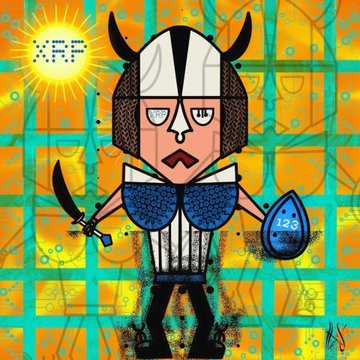A colorful, stylized digital illustration of a horned warrior figure wearing a helmet and holding a sword and a blue teardrop-shaped shield, with 'FF' in a sunburst design in the top left corner.