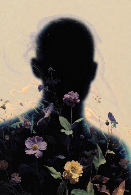 A dark silhouette of a person's head and shoulders is surrounded by blooming flowers with wisps of smoke, generated by Grok.