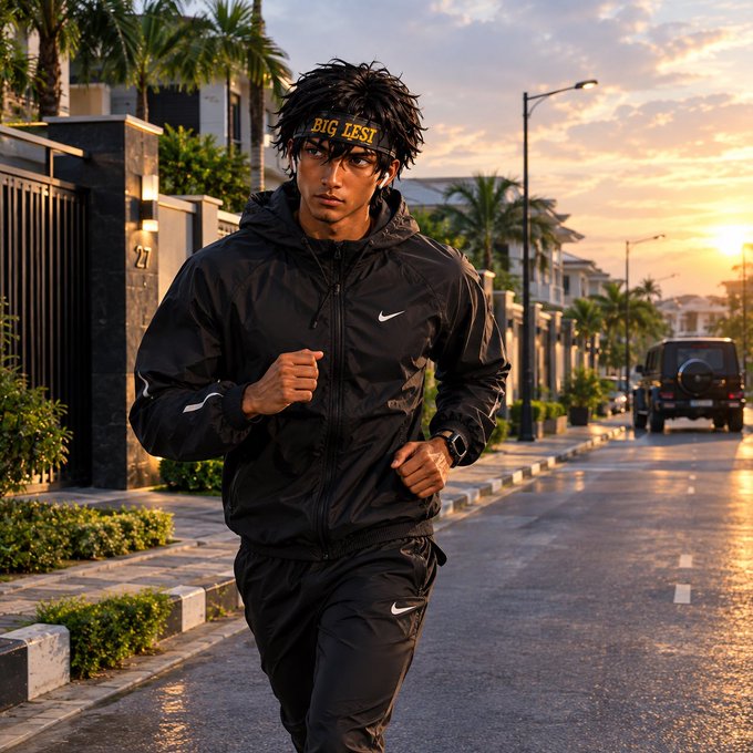 A young man with curly hair and glasses wears a black Nike windbreaker and matching pants, running along a palm-lined suburban street at sunset, with a headband reading 'BIG LEGI'.