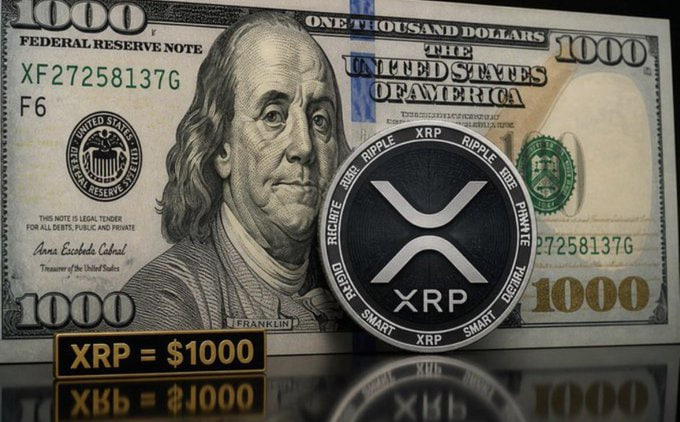 A promotional image showing a $1000 bill with a large XRP (Ripple) cryptocurrency coin placed on it, with text reading 'XRP = $1000'.
