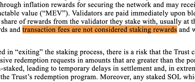 A text snippet discussing cryptocurrency staking, highlighting the phrase "transaction fees are not considered staking rewards" in orange.