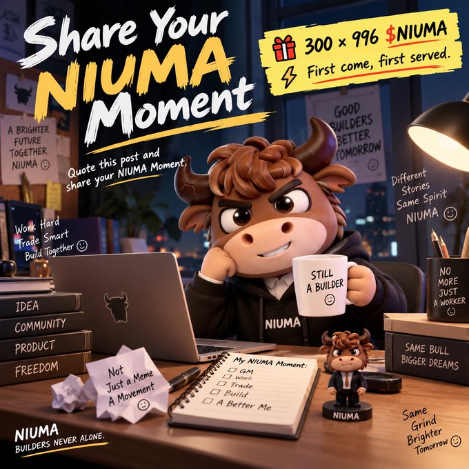 The image is a vibrant promotional graphic for NIUMA, featuring the brand's mascot—a cheerful cartoon bull in a black hoodie—sitting at a desk with a laptop, coffee mug ("Still a Builder"), and notebook titled "My NIUMA Moment" with checkboxes for "GM, Work, Trade, Build, A Better Me." The bold headline reads "Share Your NIUMA Moment" with a gift offer of "300 × 996 $NIUMA, First come, first served," while surrounding tags like "Builders Never Alone," "Work Hard Trade Smart Build Together," and "Different Stories Same Spirit NIUMA" reinforce the community-driven, airdrop campaign encouraging users to quote the tweet and share their personal "NIUMA Moment."