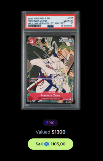 A PSA-graded 2024 One Piece EN card featuring Roronoa Zoro, English Ish Version 1st Anniversary Set #025, GEM MT 10 grade, valued at $1300 with a sell price of 1105.00.