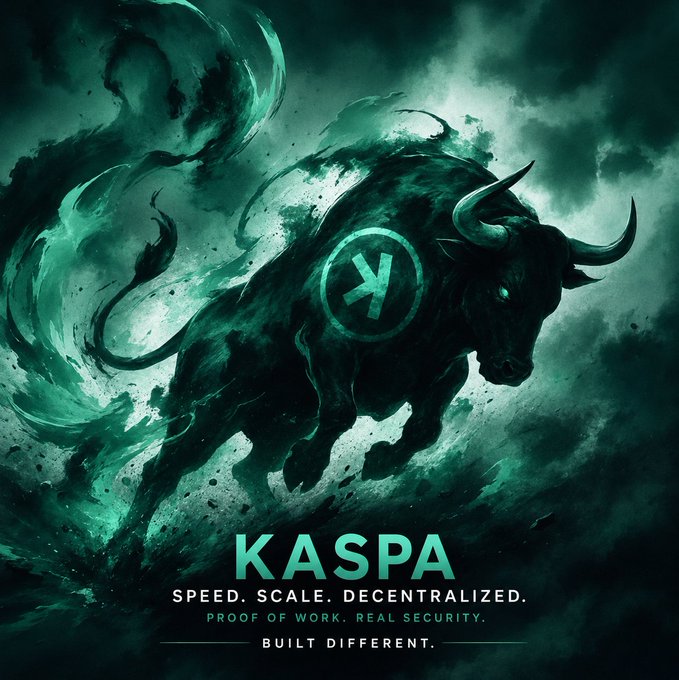 A promotional graphic for the cryptocurrency 'KASPA' features a black bull with green smoke effects, with the tagline 'SPEED. SCALE. DECENTRALIZED. PROOF OF WORK. REAL SECURITY. BUILT DIFFERENT.'
