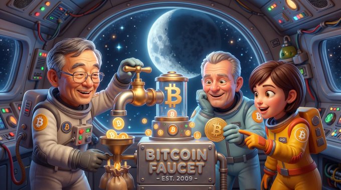 A cartoon astronaut crew operates a "BITCOIN FAUCET - EST. 2009" machine aboard a spaceship, dispensing glowing Bitcoin coins with a Bitcoin logo and "B" ticker prominently displayed. The whimsical space scene visually echoes the post's call to wake up dormant BTC wallets from the 2013 era by tapping the long-running faucet.