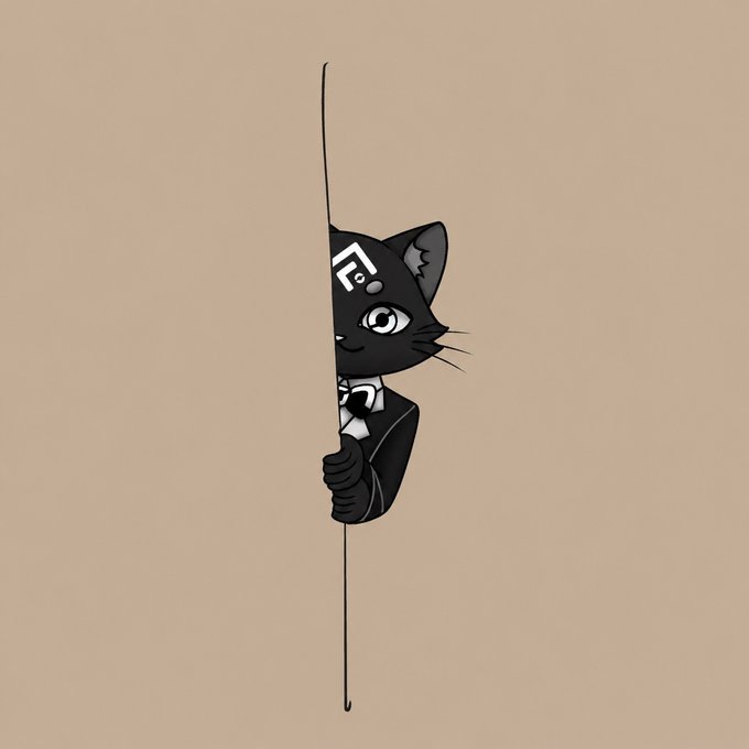 A black cartoon cat with a white bowtie peeks out from behind a vertical line on a beige background, peeking playfully at the viewer. The minimalist illustration visually represents the concept of modular architecture, with the cat partially hidden behind a "wall" symbolizing how components can be combined and revealed through the platform's encrypted intents and FHE technology.