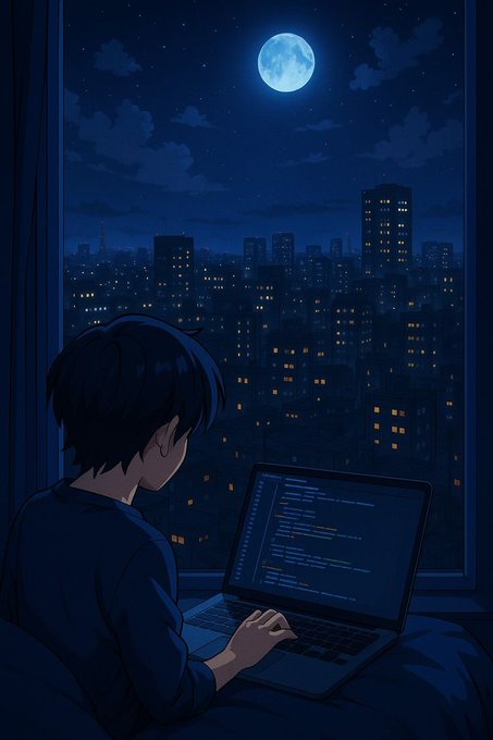 An anime-style illustration depicts a boy with dark hair sitting by a window at night, coding on a laptop with a cityscape and full moon in the background.