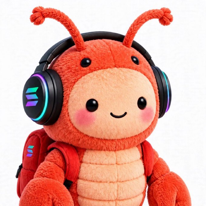 A cute, fluffy orange caterpillar-like plush character wearing glowing RGB headphones and a red backpack smiles against a white background.