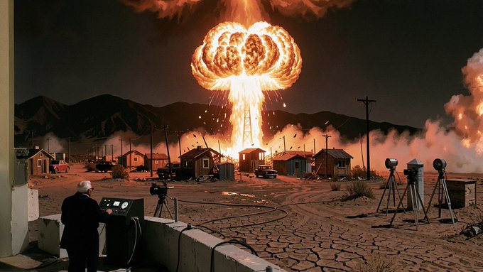 An AI-generated apocalyptic scene depicting a massive mushroom cloud explosion rising behind a small desert town, with a suited figure at a control panel in the foreground.