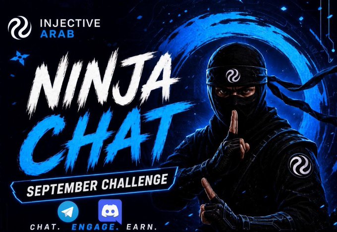 A promotional banner for 'INJECTIVE ARAB' titled 'NINJA CHAT' features a hooded ninja graphic against a blue swirling background, advertising a 'SEPTEMBER CHALLENGE' with the tagline 'CHAT. ENGAGE. EARN.'