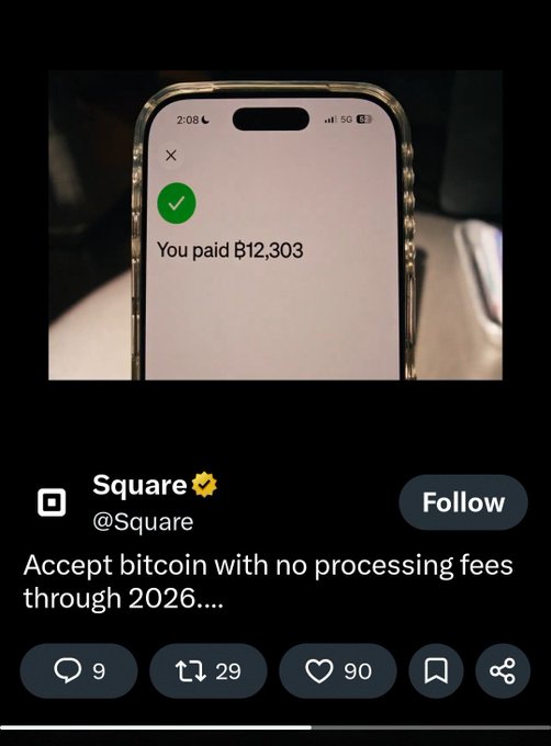 A screenshot of a tweet from Square (@Square) showing a phone payment confirmation for B|12,303 with text 'Accept bitcoin with no processing fees through 2026....'