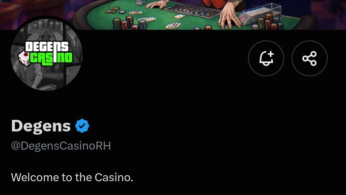 The image shows the Twitter/X profile of "Degens" (@DegensCasinoRH) with a verified blue checkmark, featuring a casino table banner and a "Degens Casino" logo, along with the simple bio "Welcome to the Casino." This profile serves as the official social media presence for the early alpha NFT project mentioned in the post, which is building a play-to-earn gambling game with a 2,222 supply on the Robinhood chain.