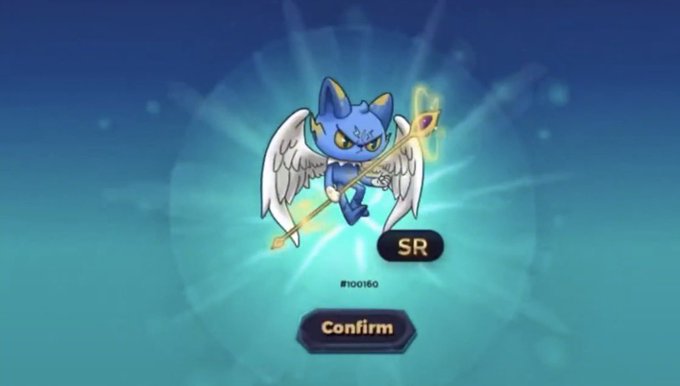 A blue winged character with cat ears holds a staff beside an "SR" label and a "Confirm" button, with "#100160" visible beneath. The image relates to the post about pulling SR cards in the Radio Caca era and the nostalgia of those early gaming days.