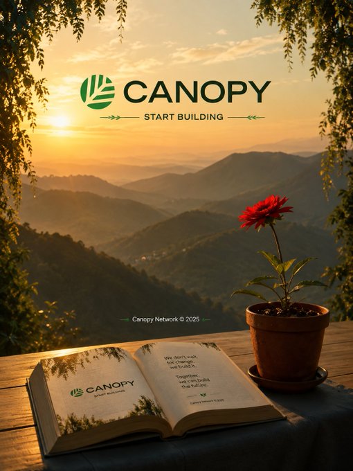 A promotional image for 'CANOPY' with the tagline 'START BUILDING', featuring an open branded book and a red flower in a terracotta pot against a sunset mountain landscape.