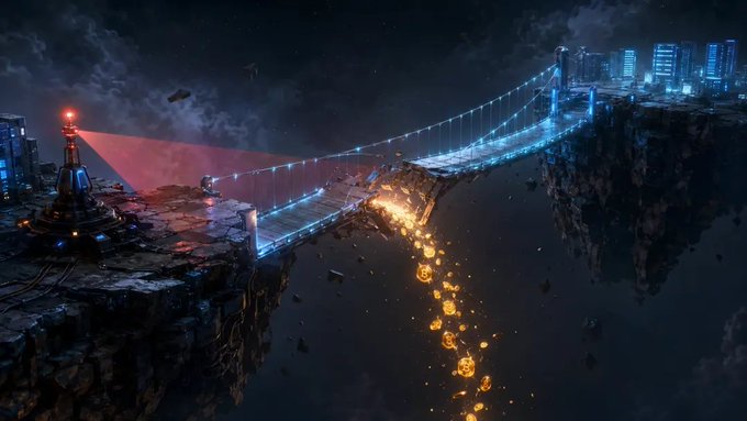 A dark, cinematic digital artwork depicting a futuristic bridge connecting two floating cities, illuminated with blue and red lights, with a glowing orange bridge segment crumbling and falling into a chasm below.